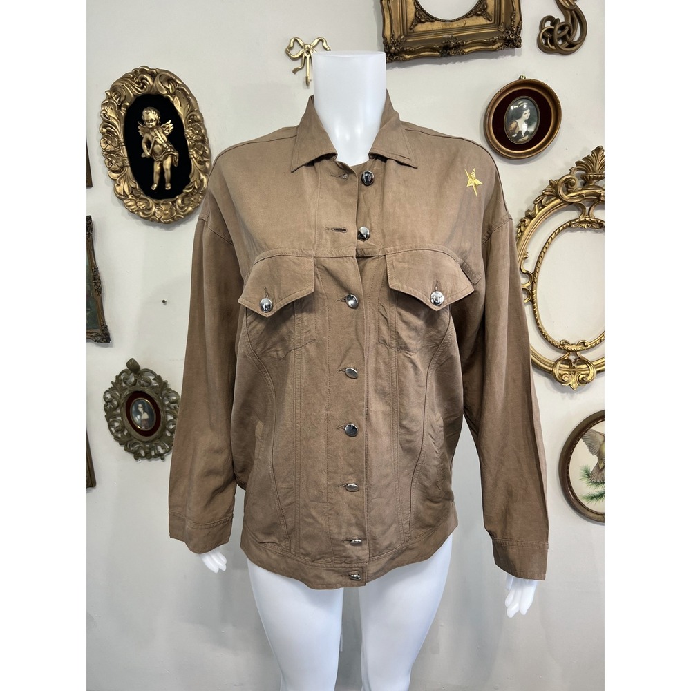 The Editor Italy Brown Button Down Utility Jacket Gold Star Graphic Back Size S